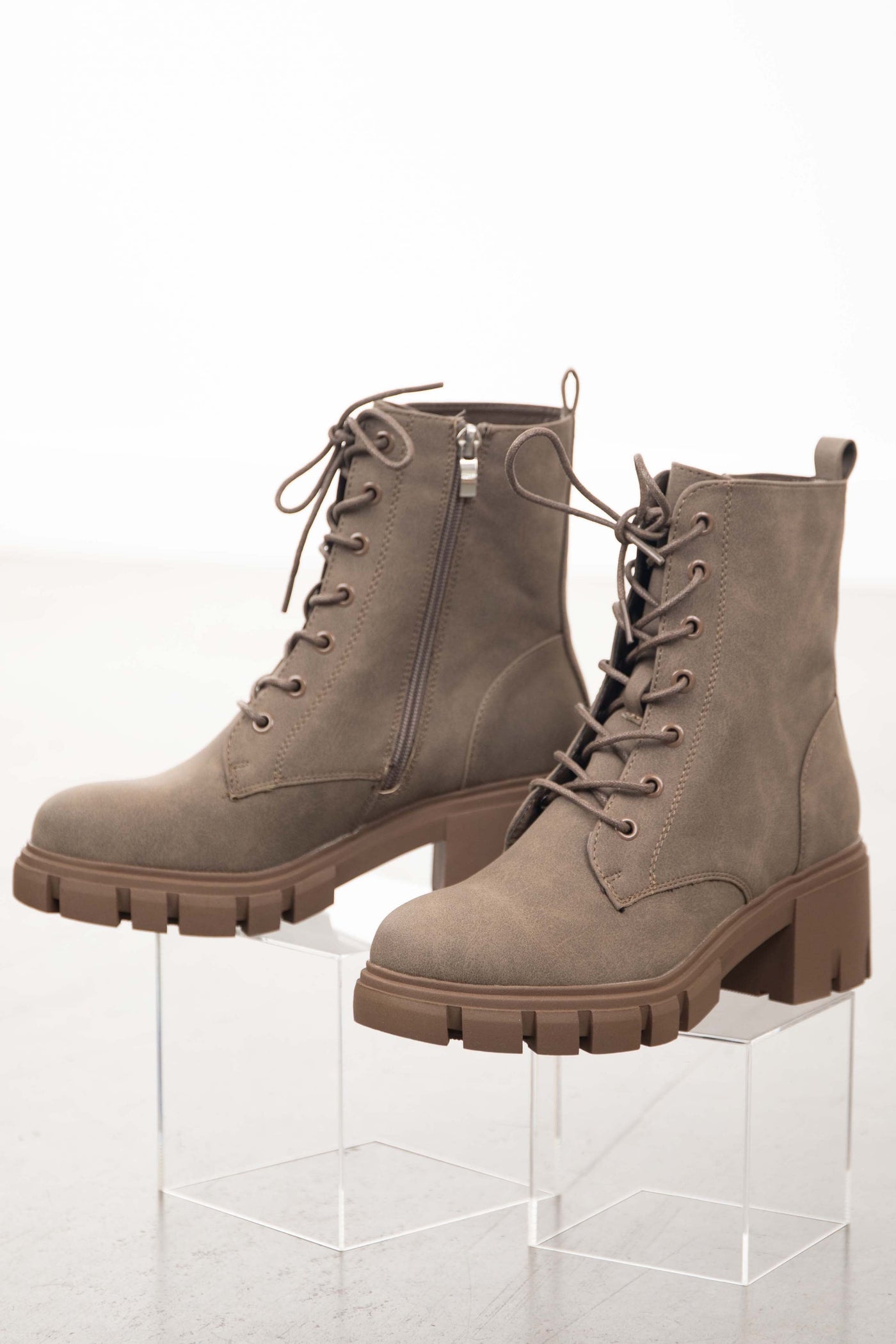 Taupe Nubuck Lace Up Lug Ankle Boots