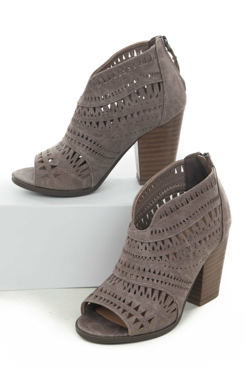 Taupe Laser Cut Out Peep Toe High Heel Booties 