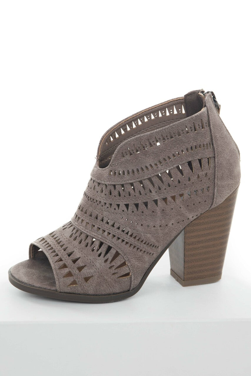 Taupe Laser Cut Out Peep Toe High Heel Booties 