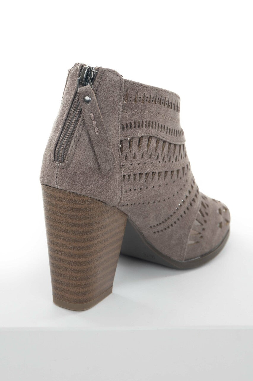 Taupe Laser Cut Out Peep Toe High Heel Booties 