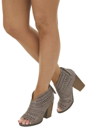 Taupe Laser Cut Out Peep Toe High Heel Booties 