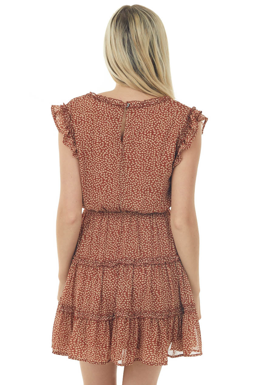 Tawny Leaf Print Tiered Cap Sleeve Frill Dress