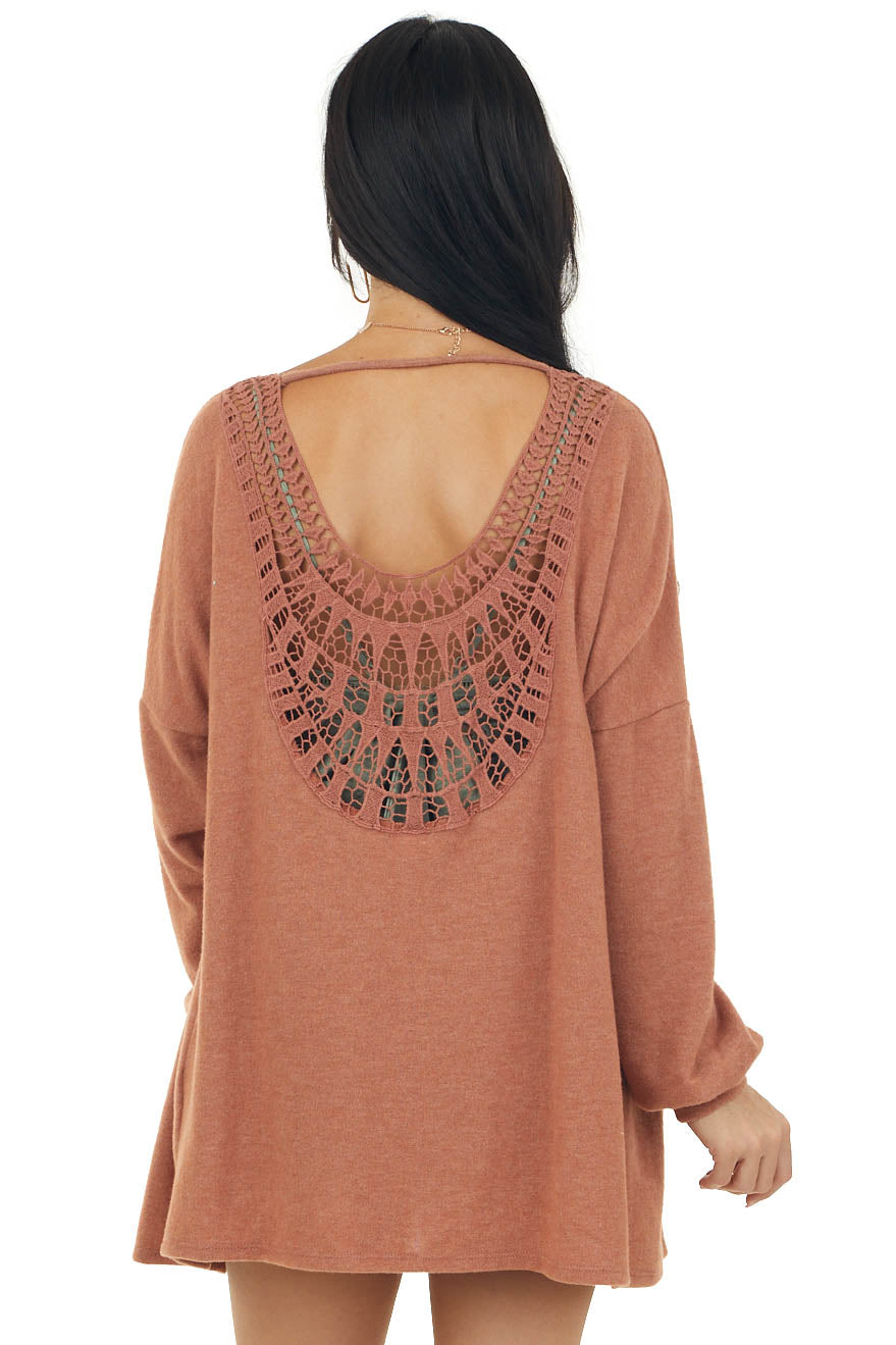 Tawny Long Sleeve Knit Cardigan with Crochet Detail