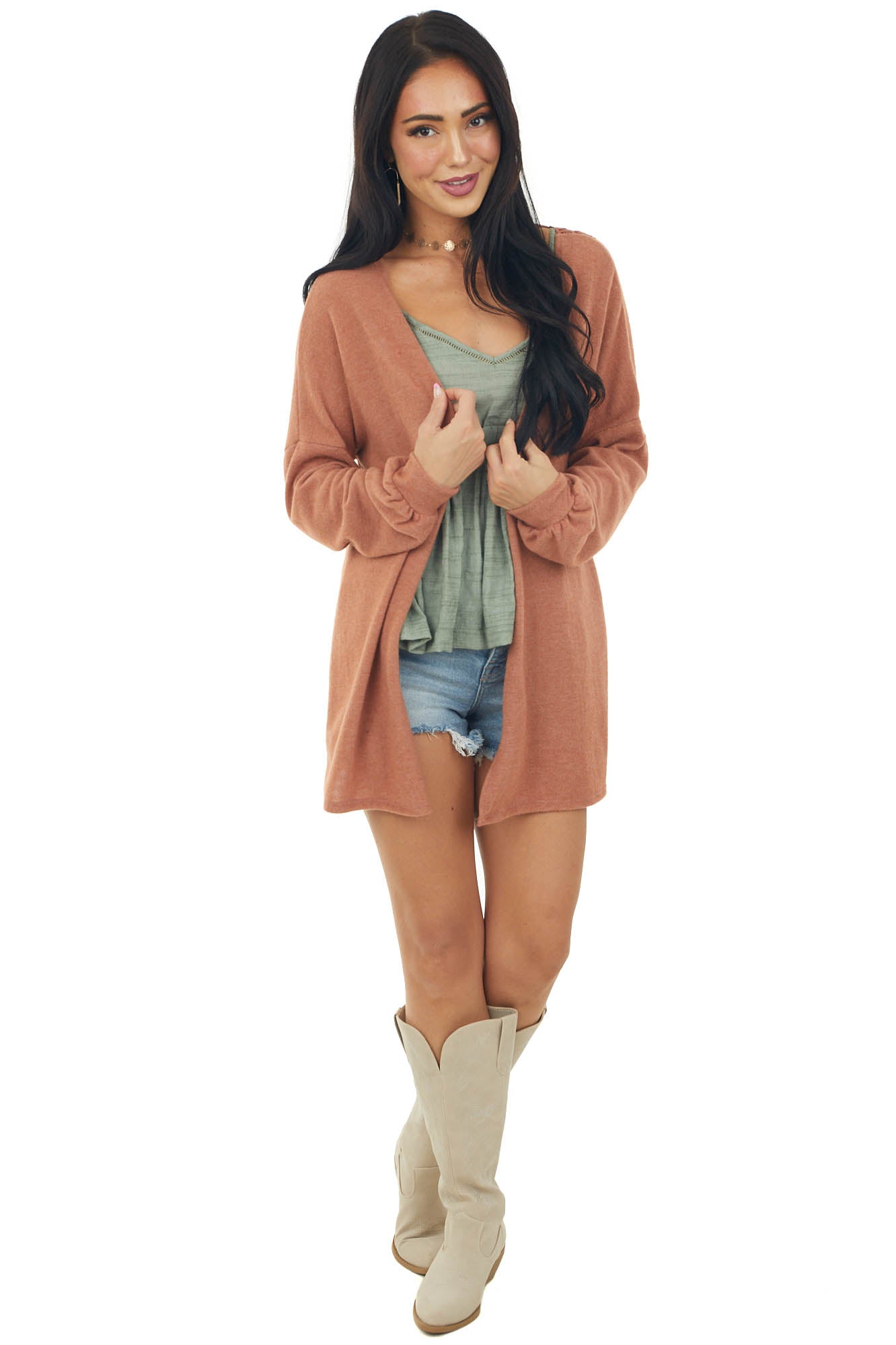 Tawny Long Sleeve Knit Cardigan with Crochet Detail