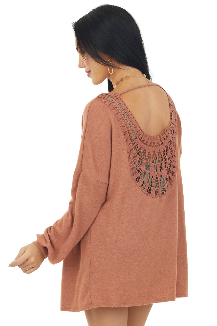 Tawny Long Sleeve Knit Cardigan with Crochet Detail