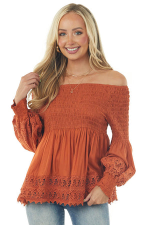 Tawny Smocked Off Shoulder Babydoll Lace Top