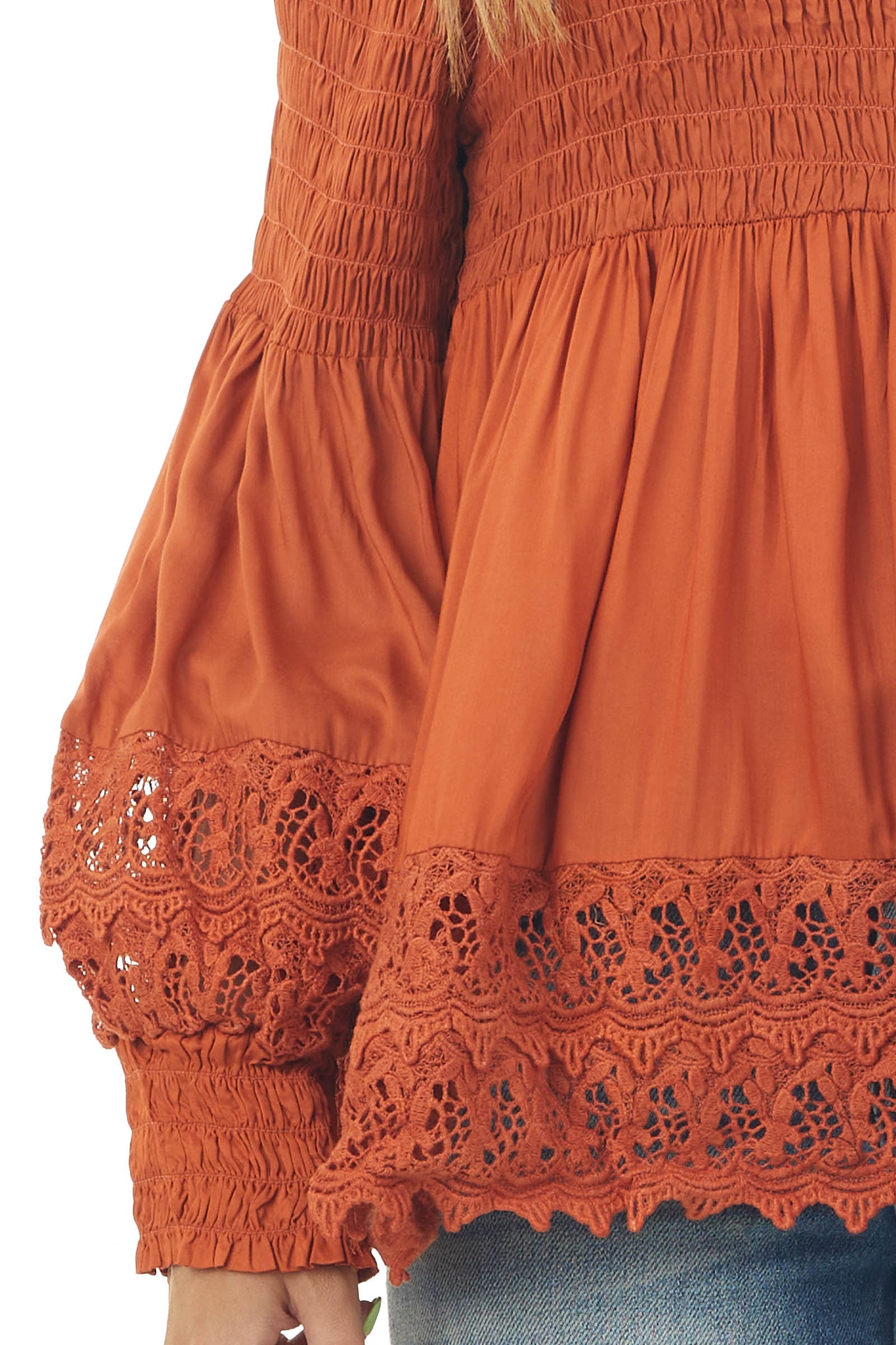 Tawny Smocked Off Shoulder Babydoll Lace Top
