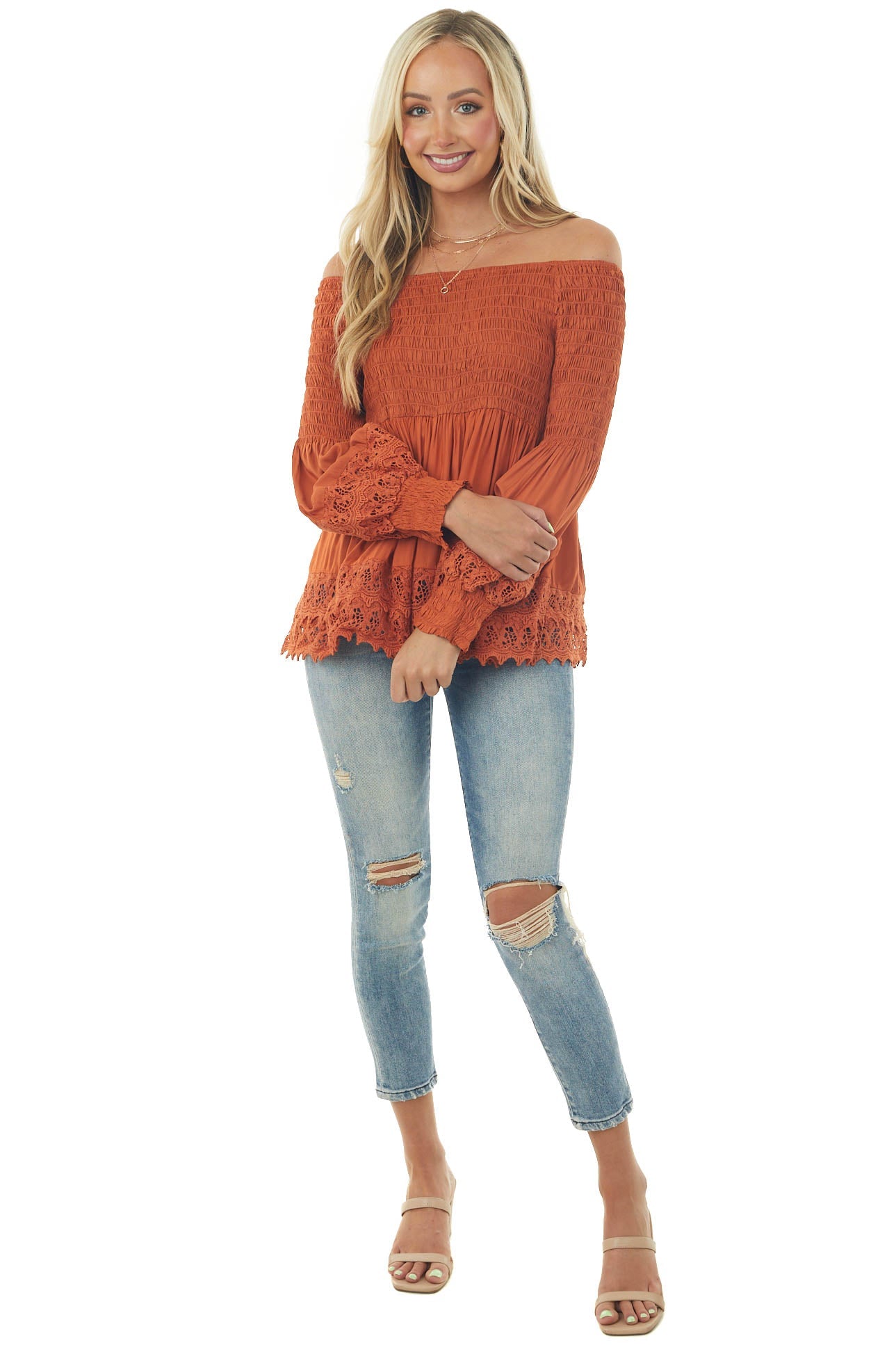 Tawny Smocked Off Shoulder Babydoll Lace Top