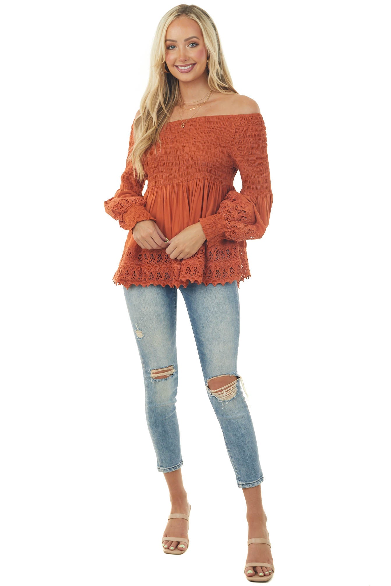 Tawny Smocked Off Shoulder Babydoll Lace Top