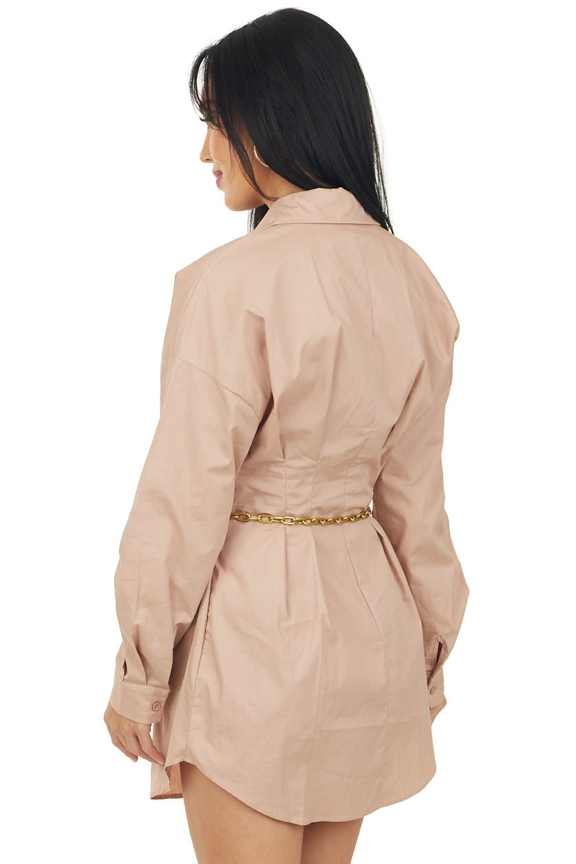 Tea Rose Button Up Long Sleeve Collard Mini Dress