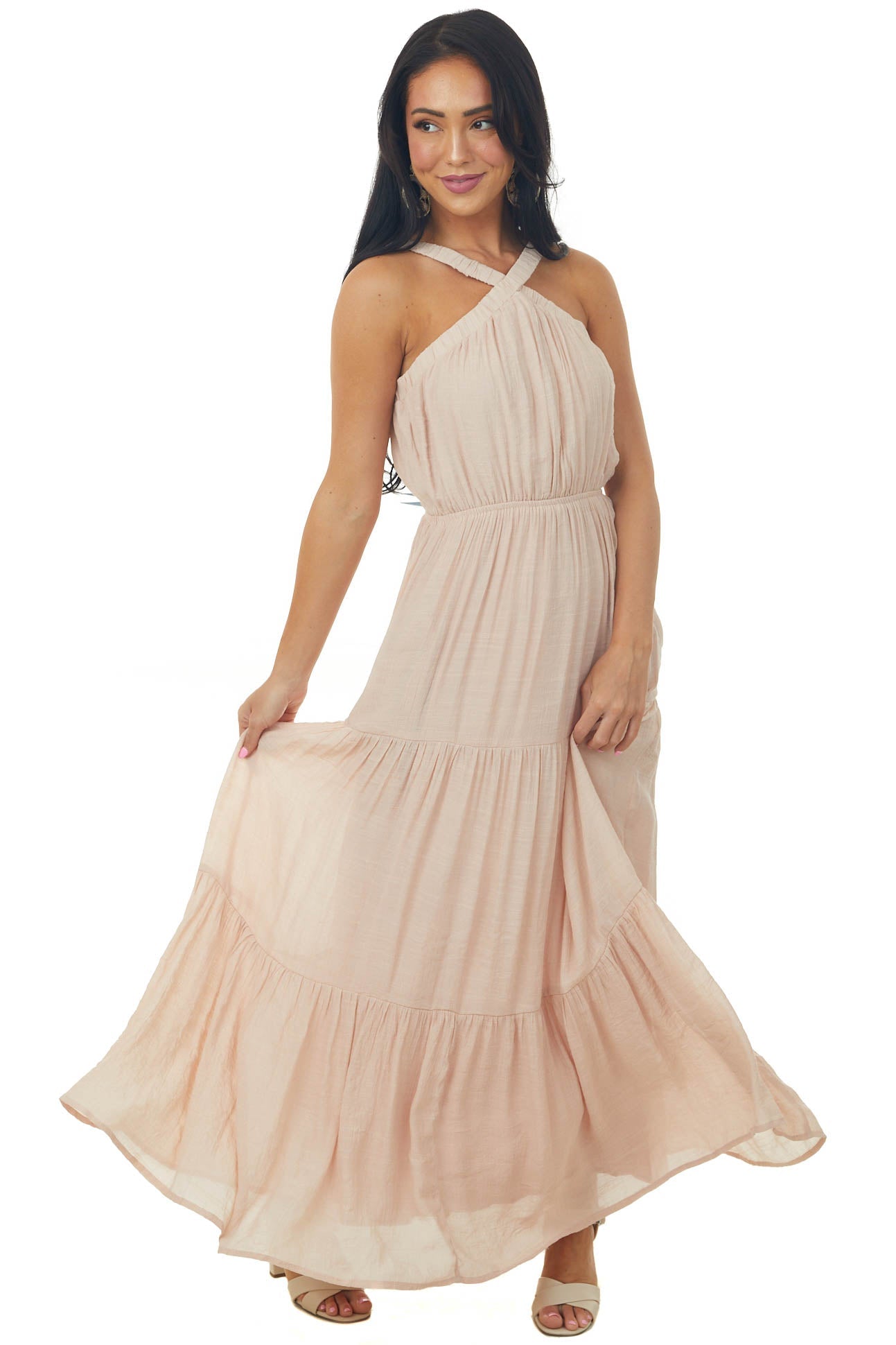 Tea Rose Elastic Halter Neck Tiered Maxi Dress