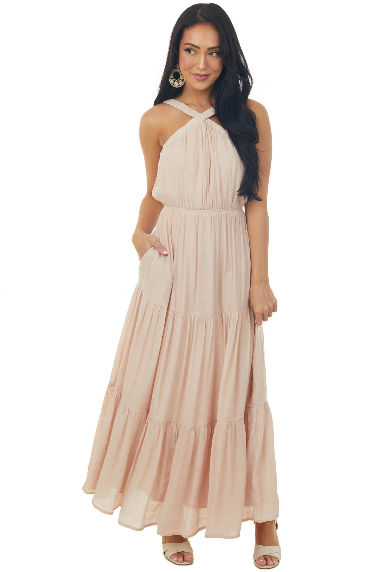 Tea Rose Elastic Halter Neck Tiered Maxi Dress