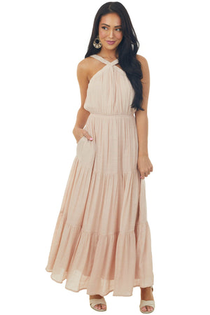 Tea Rose Elastic Halter Neck Tiered Maxi Dress