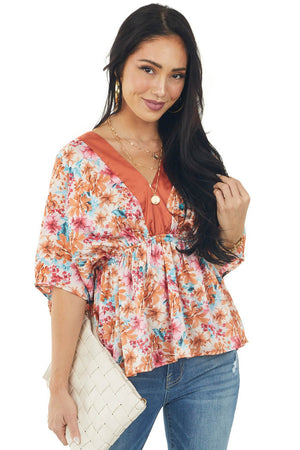 Tea Rose Floral Print Kimono Sleeve Satin Blouse