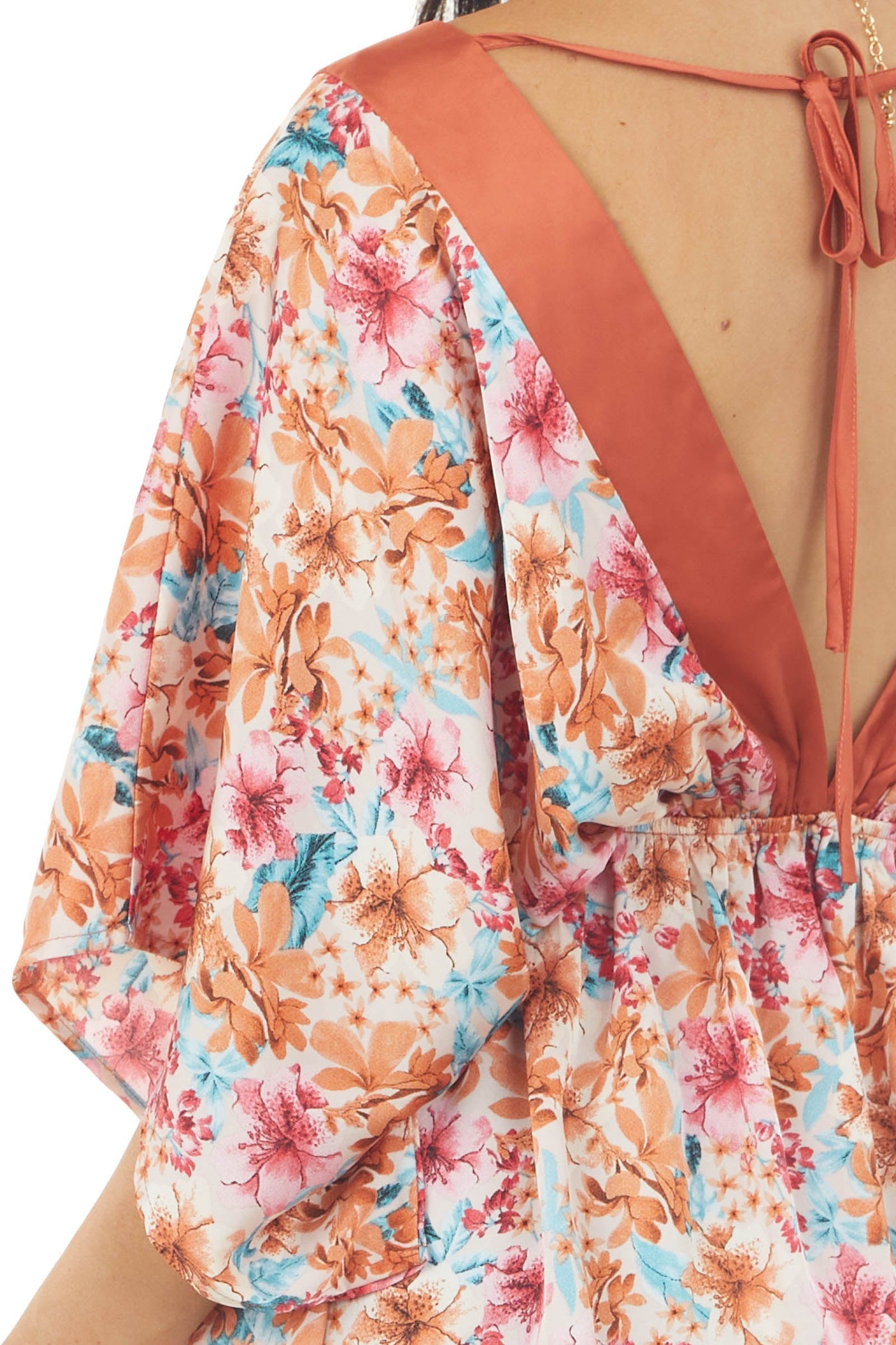 Tea Rose Floral Print Kimono Sleeve Satin Blouse