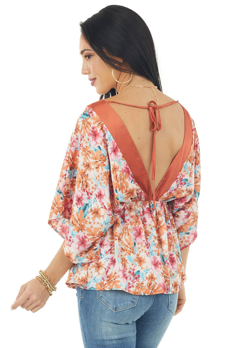 Tea Rose Floral Print Kimono Sleeve Satin Blouse