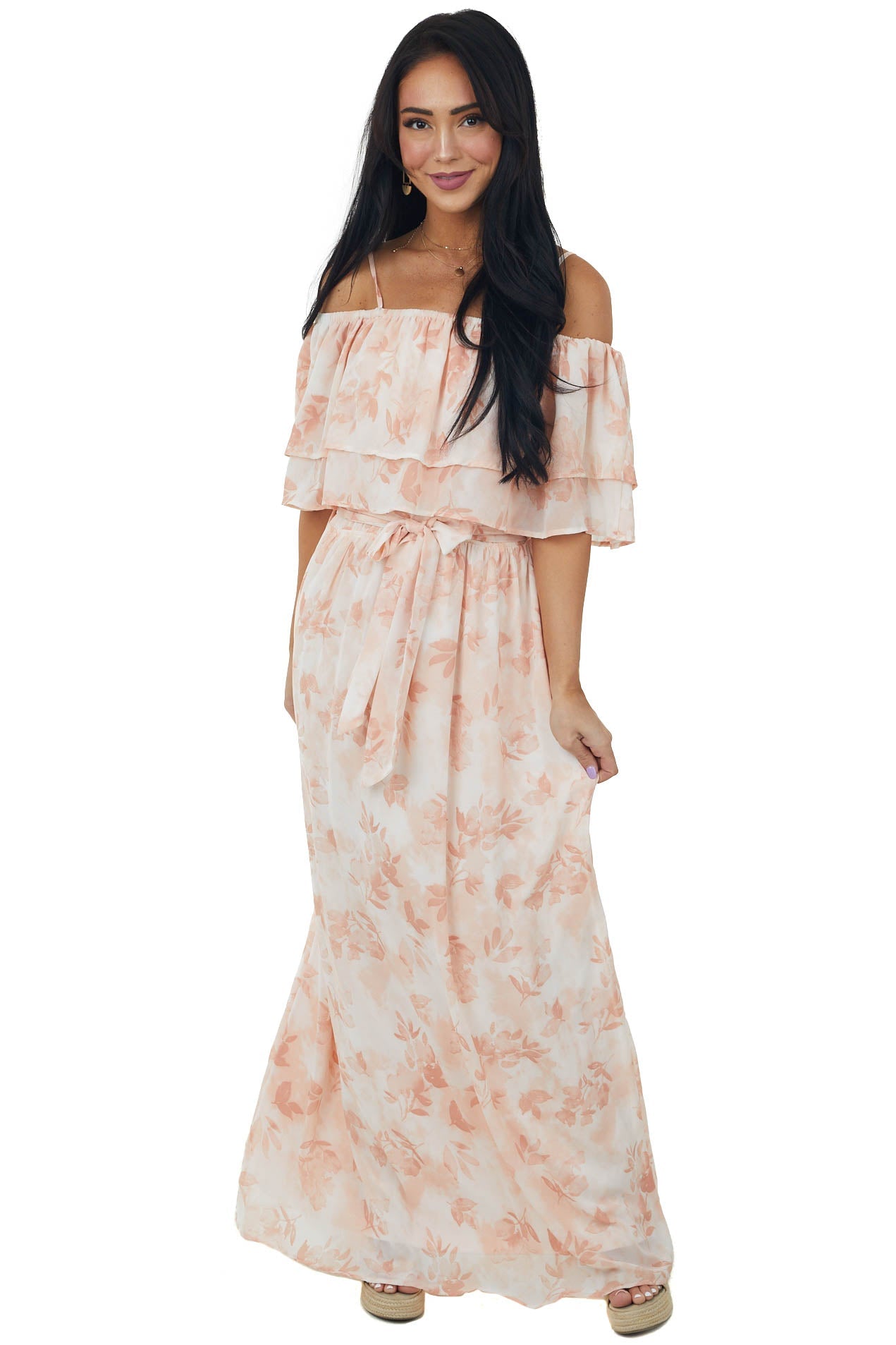 Tea Rose Floral Tiered Overlay Woven Maxi Dress