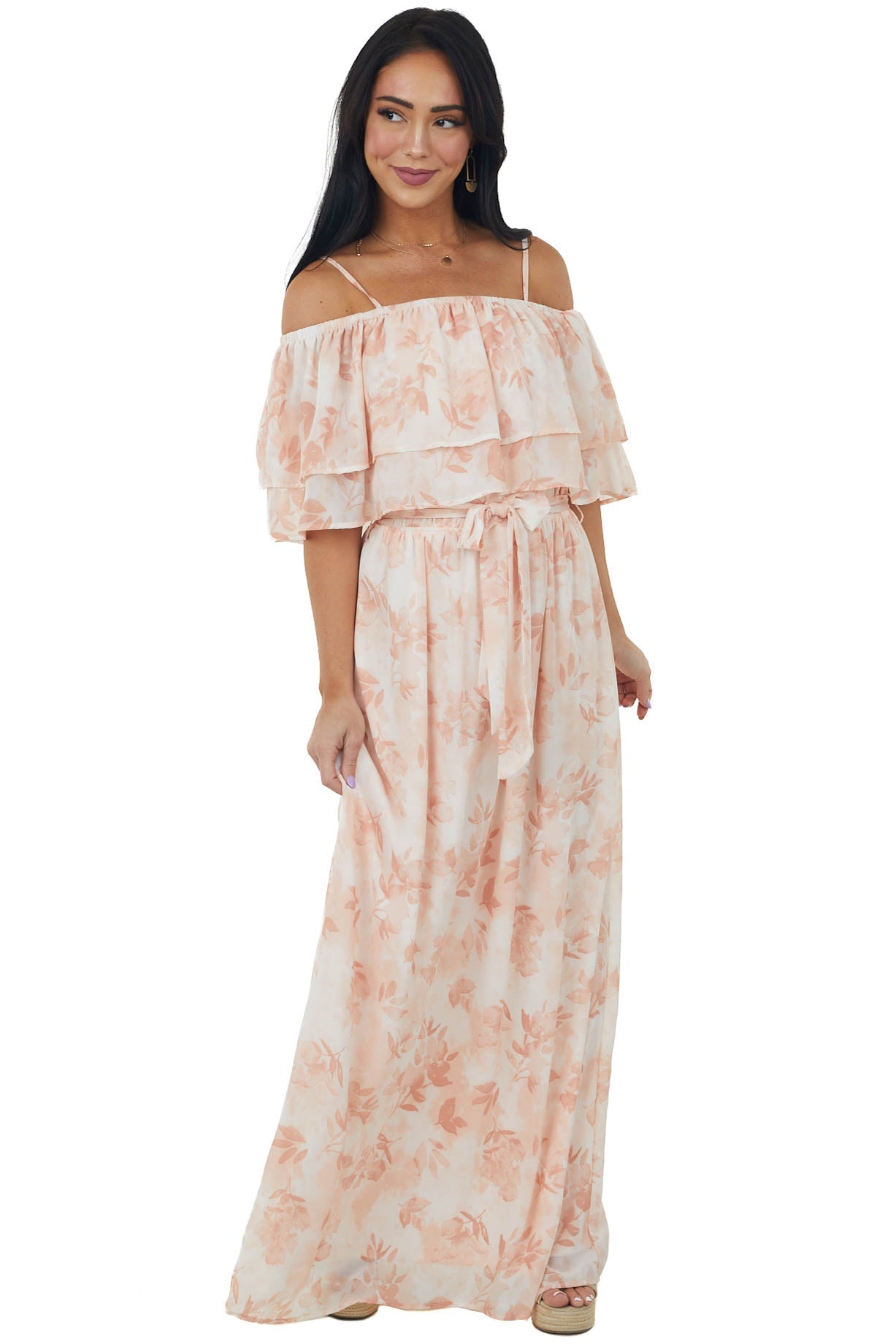 Tea Rose Floral Tiered Overlay Woven Maxi Dress