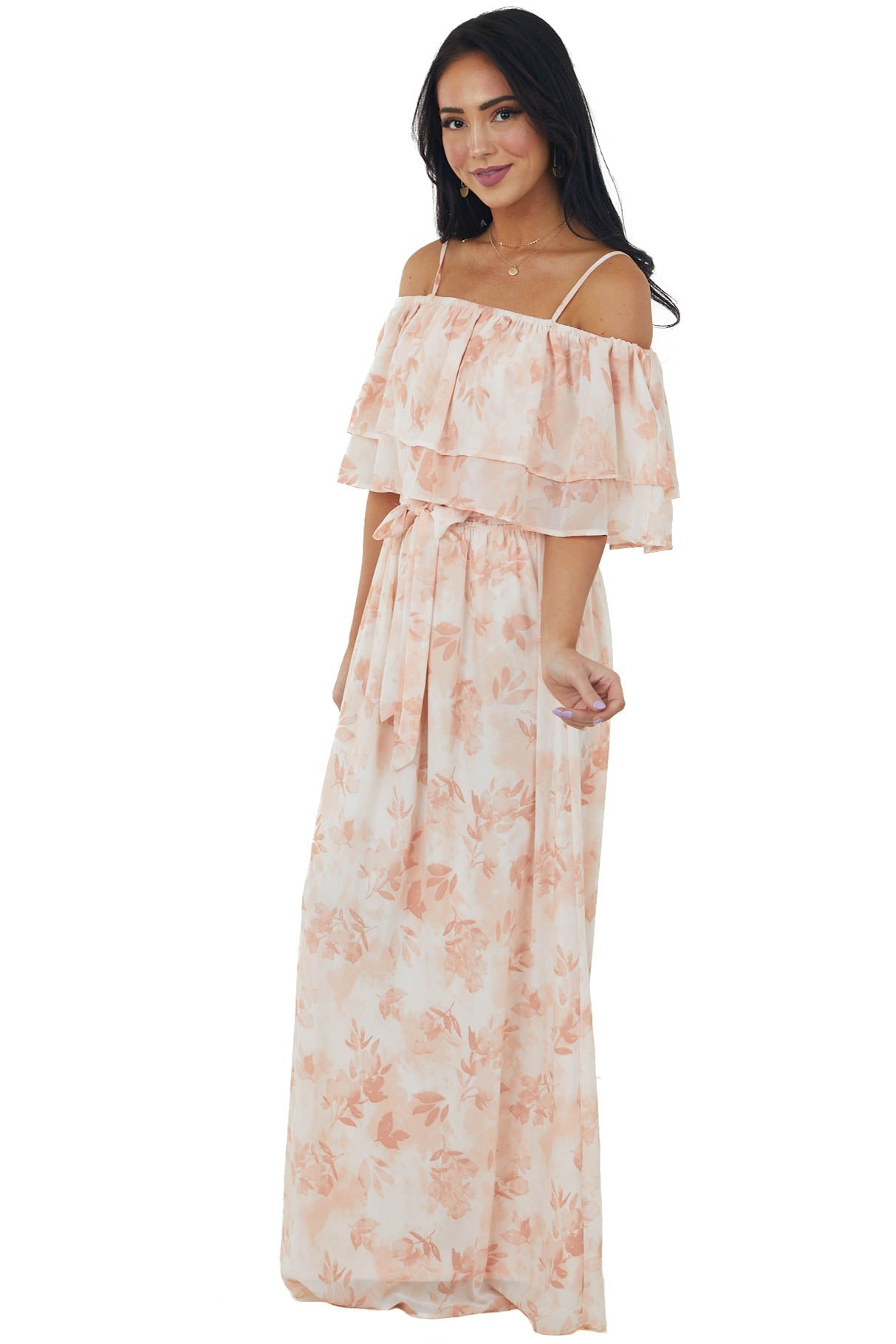 Tea Rose Floral Tiered Overlay Woven Maxi Dress