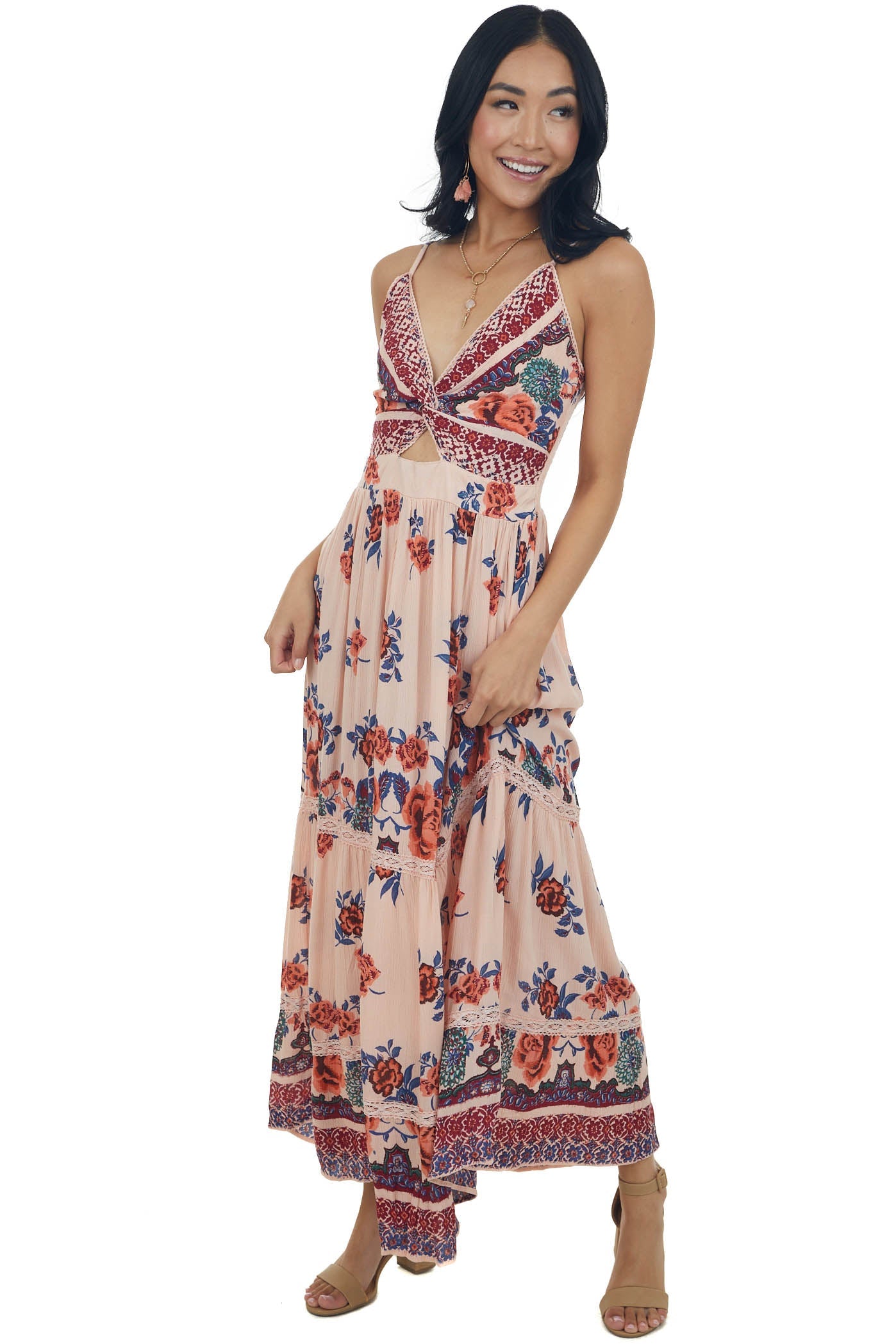 Tea Rose Floral V Neck Sleeveless Maxi Dress