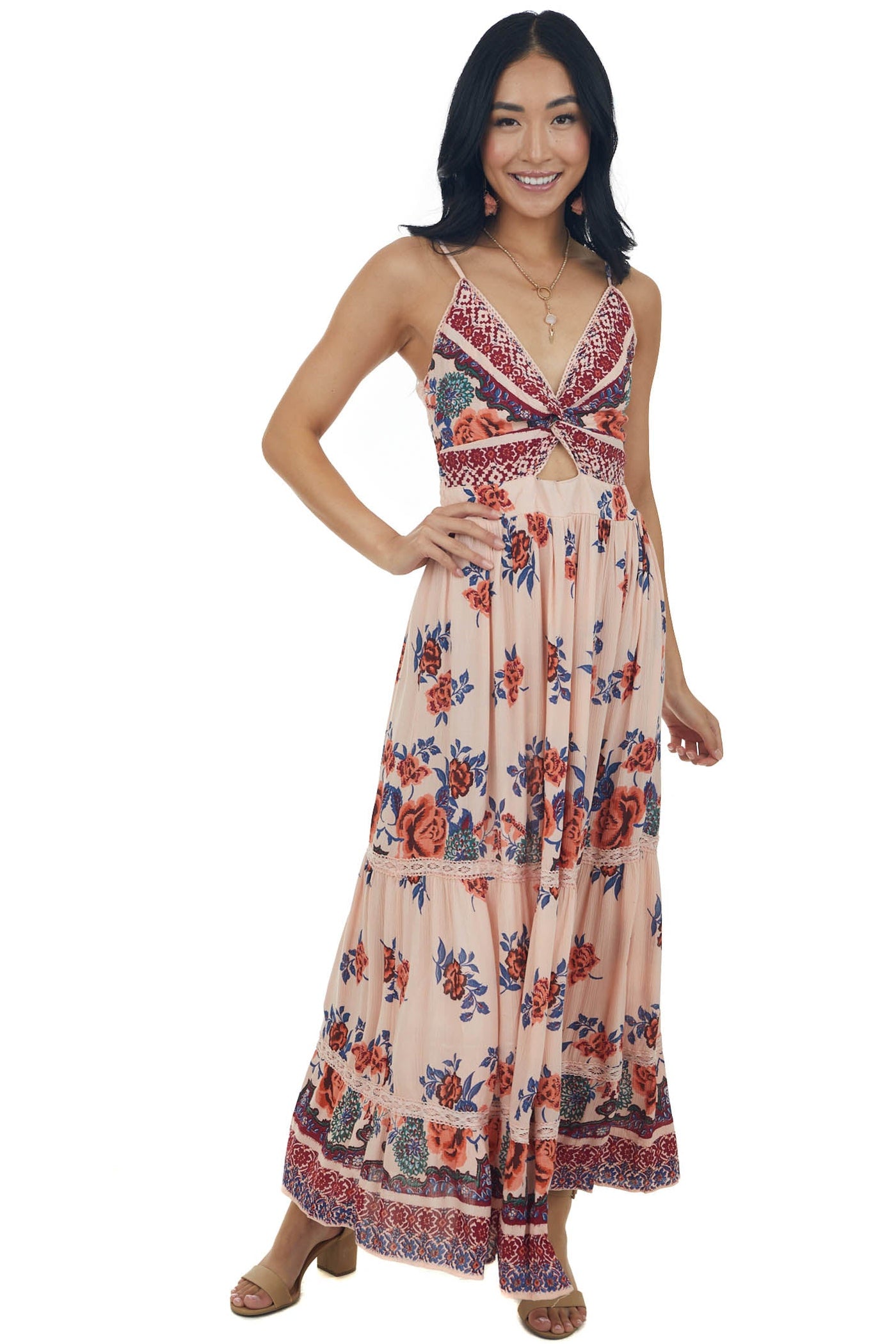 Tea Rose Floral V Neck Sleeveless Maxi Dress