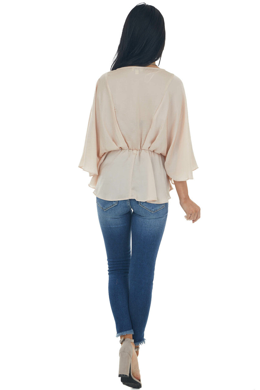 Tea Rose Kimono Sleeve Pleated Peplum Blouse