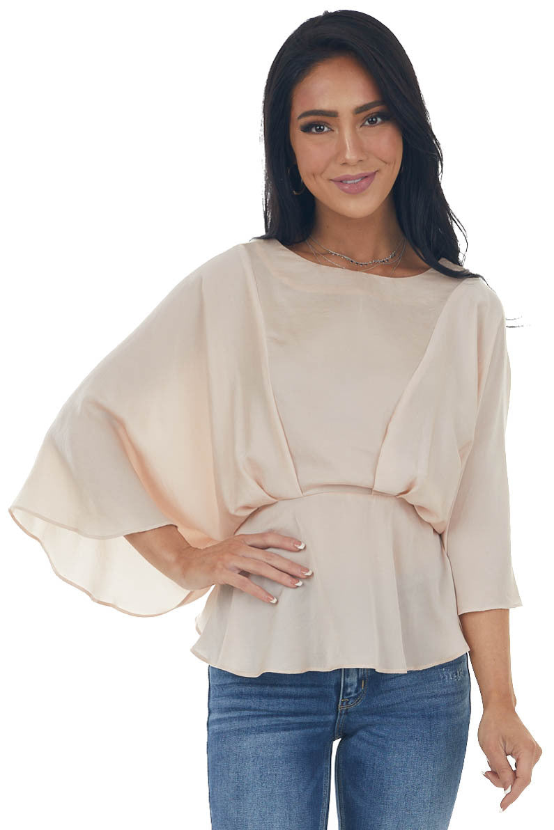 Tea Rose Kimono Sleeve Pleated Peplum Blouse
