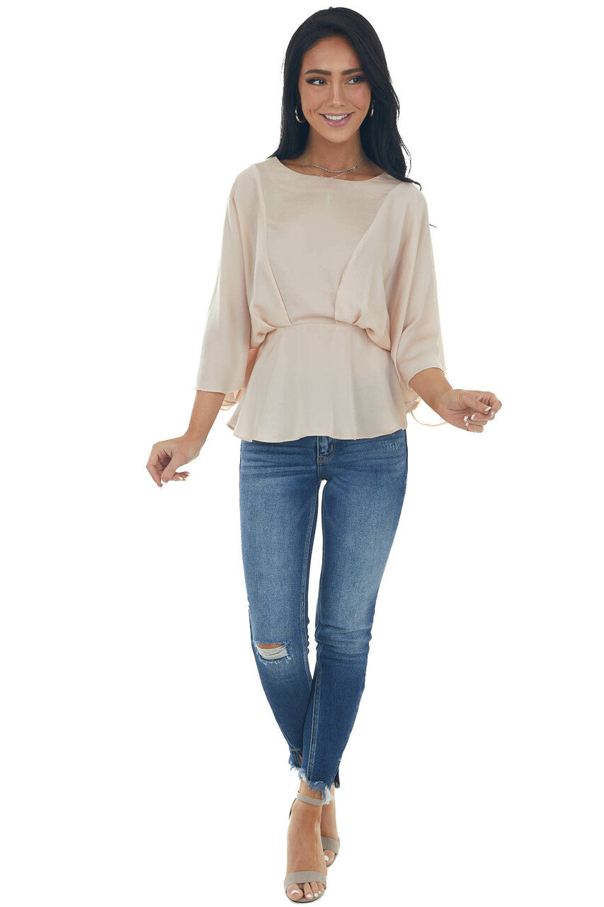 Tea Rose Kimono Sleeve Pleated Peplum Blouse