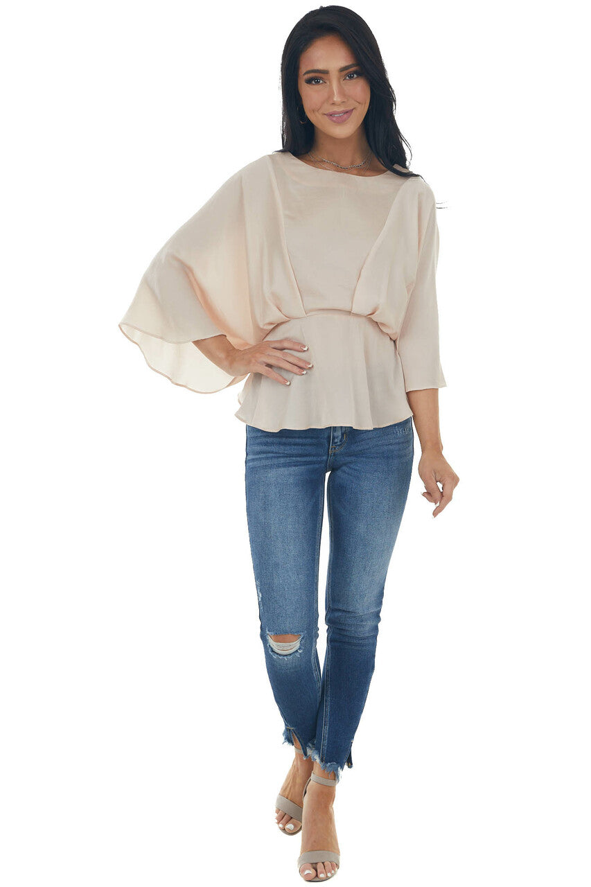 Tea Rose Kimono Sleeve Pleated Peplum Blouse