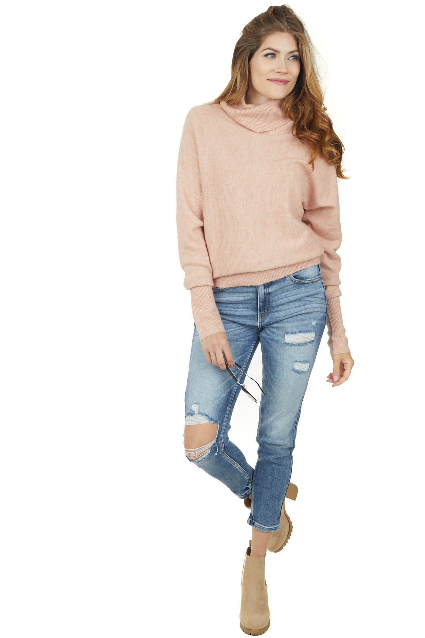 Tea Rose Long Dolman Sleeve Cowl Neckline Sweater