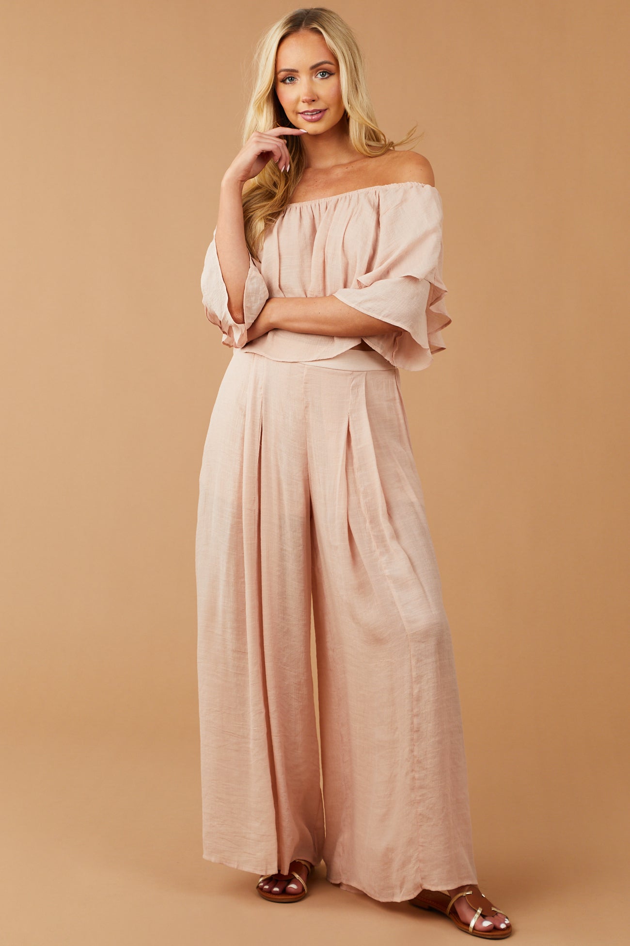 Tea Rose Off Shoulder Top and Wide Leg Pants Set