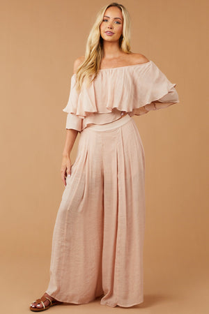 Tea Rose Off Shoulder Top and Wide Leg Pants Set