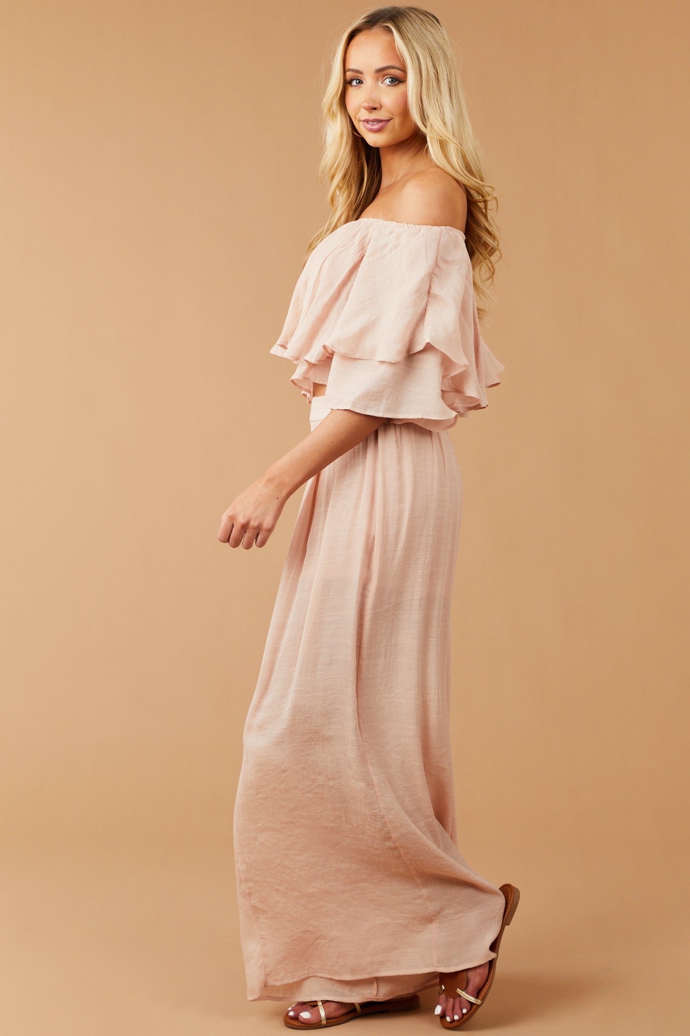 Tea Rose Off Shoulder Top and Wide Leg Pants Set