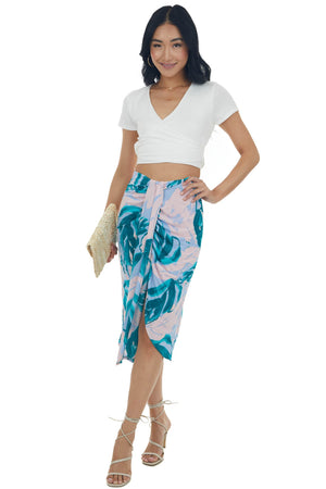 Teal Abstract Faux Wrap Knit Elastic Midi Skirt