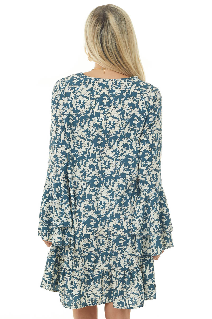 Teal Blue Floral Print Bell Sleeve Short Dress