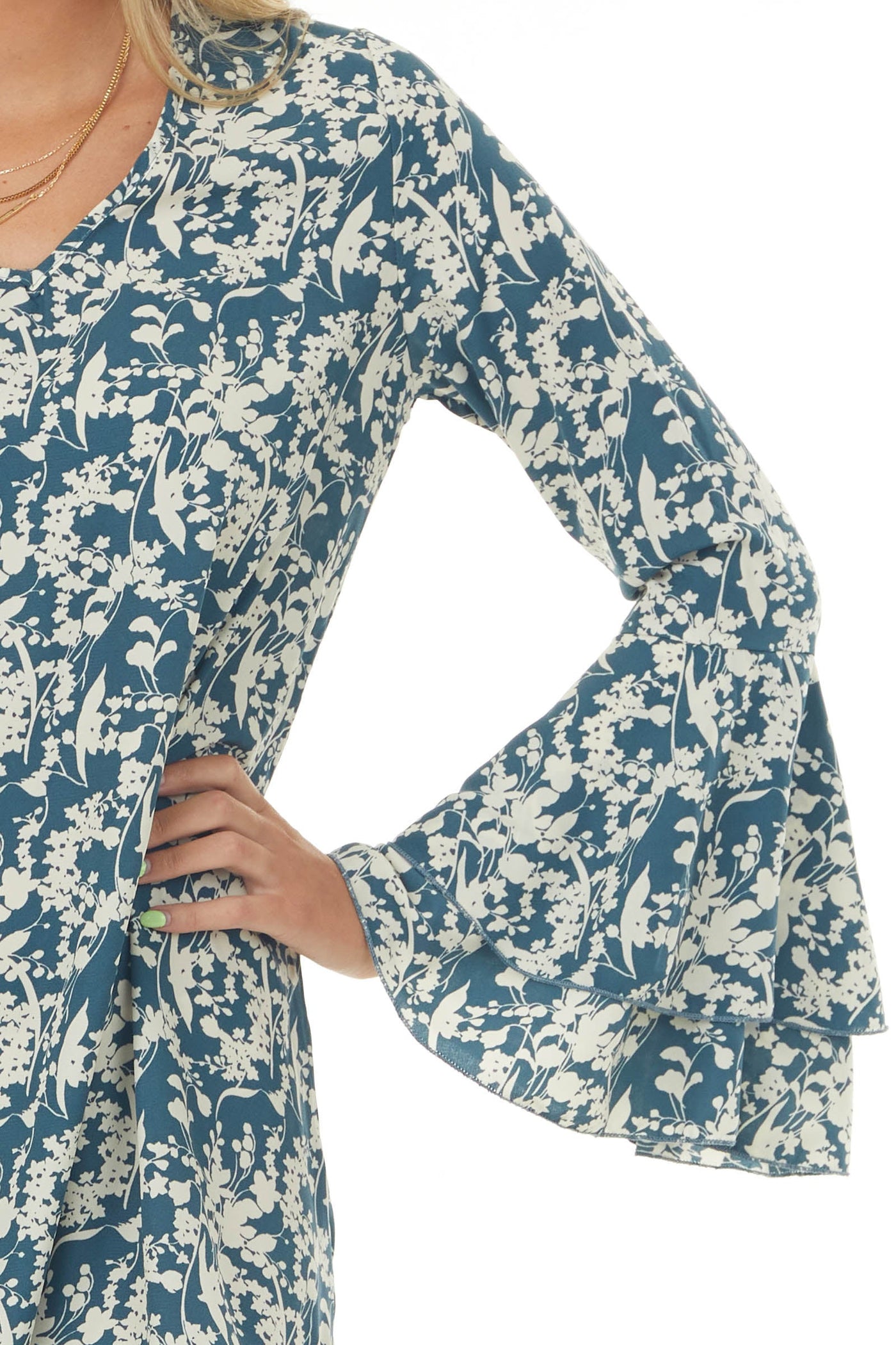 Teal Blue Floral Print Bell Sleeve Short Dress