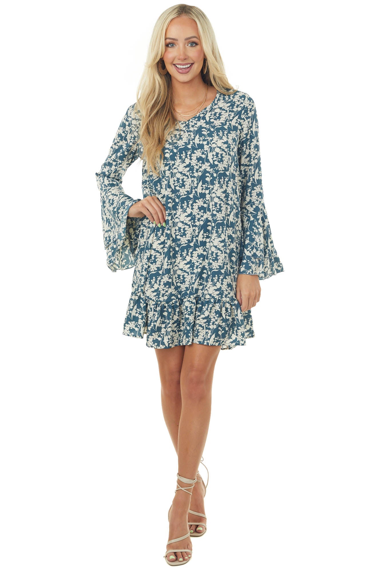 Teal Blue Floral Print Bell Sleeve Short Dress