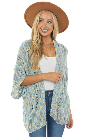 Teal Blue Multicolor Kimono Sleeve Cardigan