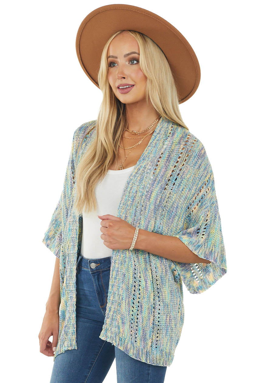 Teal Blue Multicolor Kimono Sleeve Cardigan