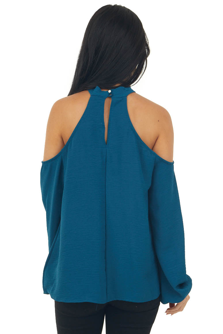 Teal Cold Shoulder Bubble Sleeve Halter Top