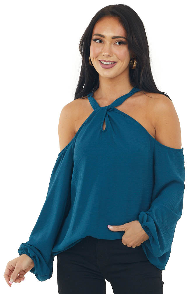 Teal Cold Shoulder Bubble Sleeve Halter Top