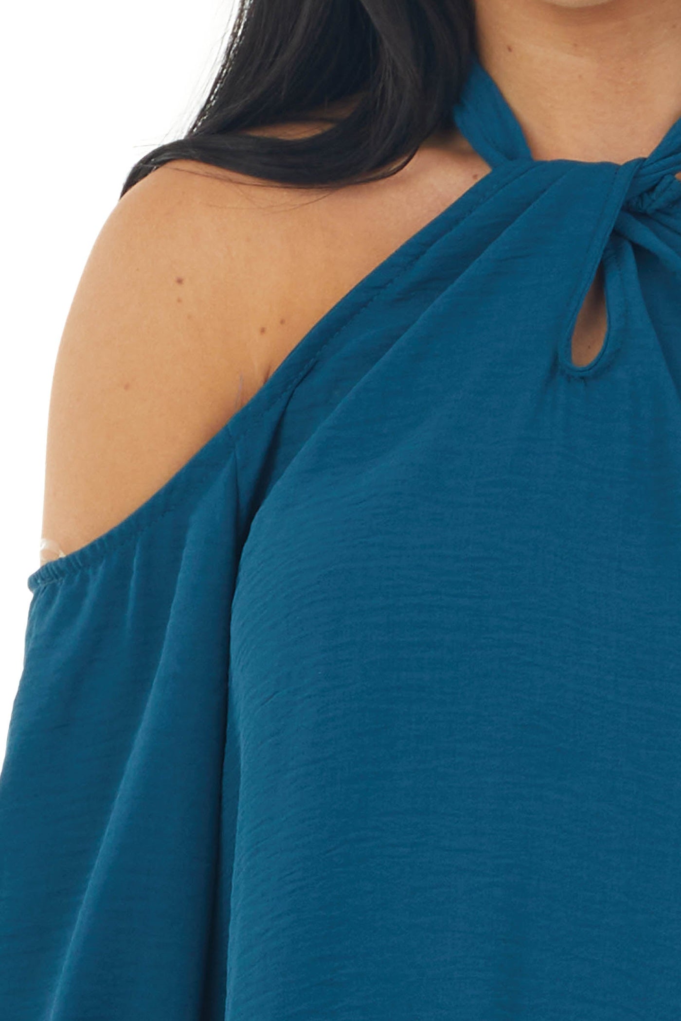 Teal Cold Shoulder Bubble Sleeve Halter Top