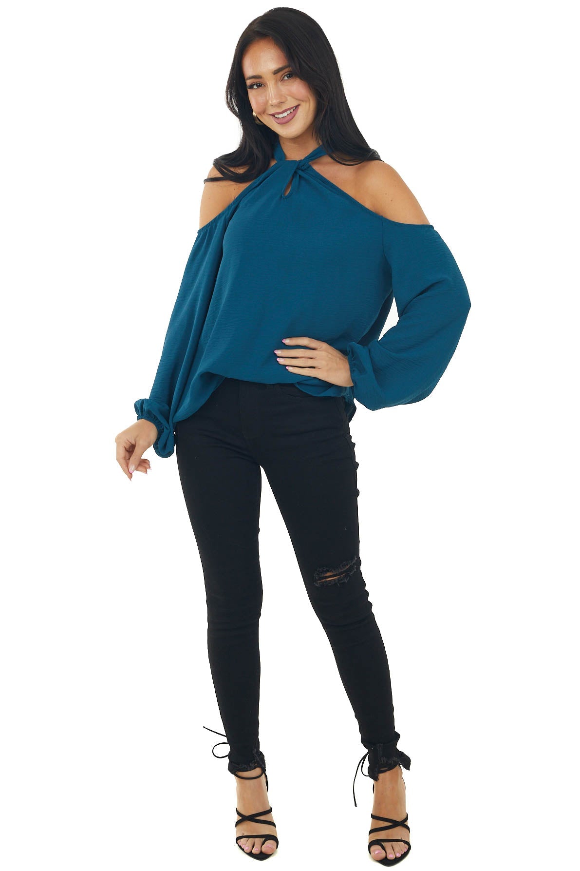 Teal Cold Shoulder Bubble Sleeve Halter Top