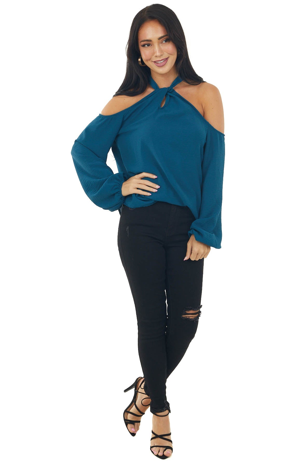 Teal Cold Shoulder Bubble Sleeve Halter Top