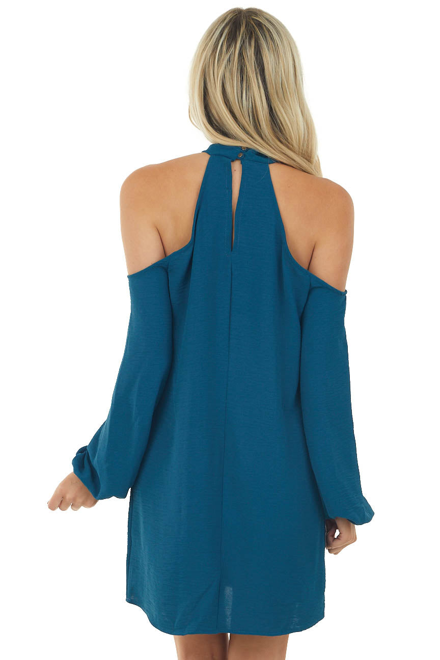 Teal Cold Shoulder Keyhole Long Sleeve Dress