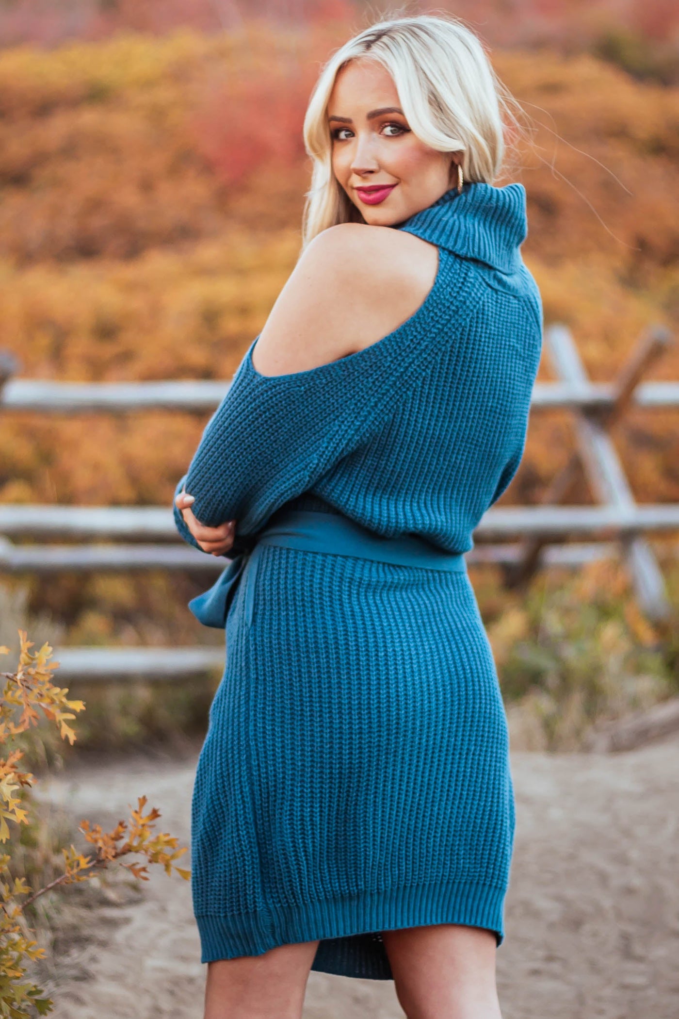 Teal Cold Shoulder Turtleneck Sweater Dress