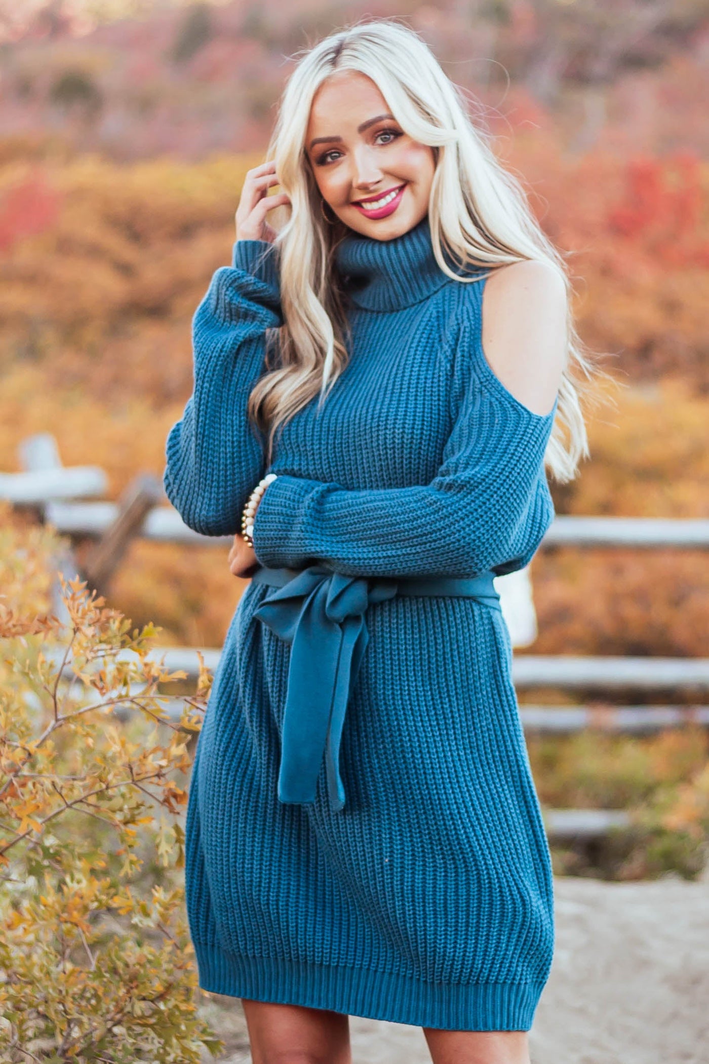 Teal Cold Shoulder Turtleneck Sweater Dress