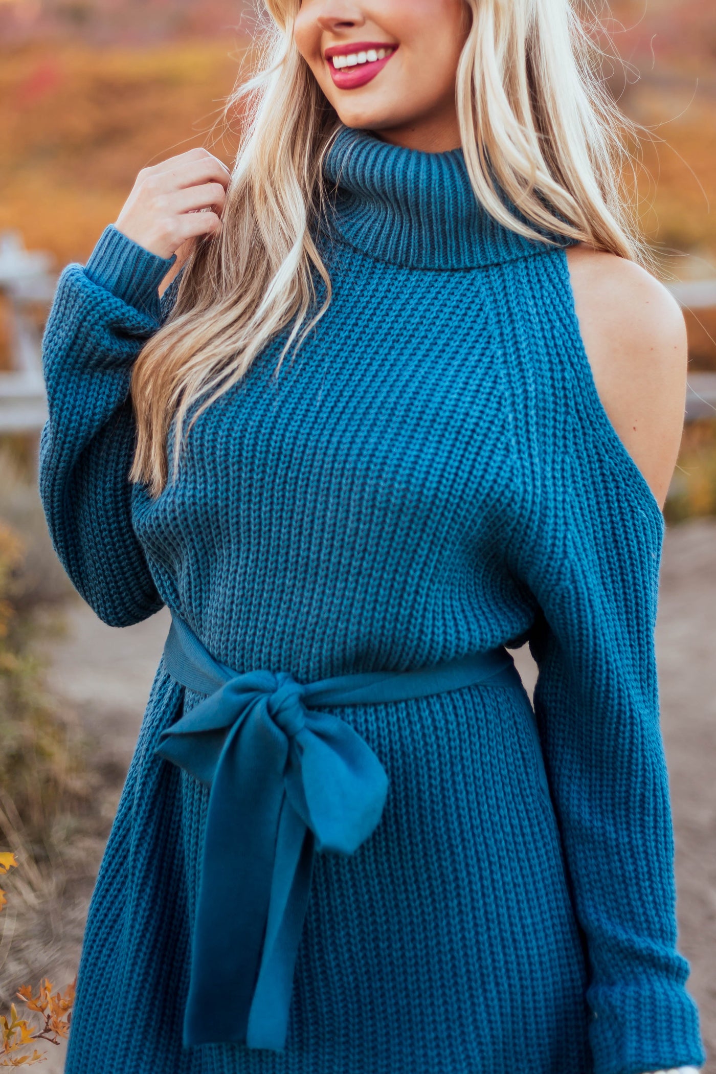 Teal Cold Shoulder Turtleneck Sweater Dress