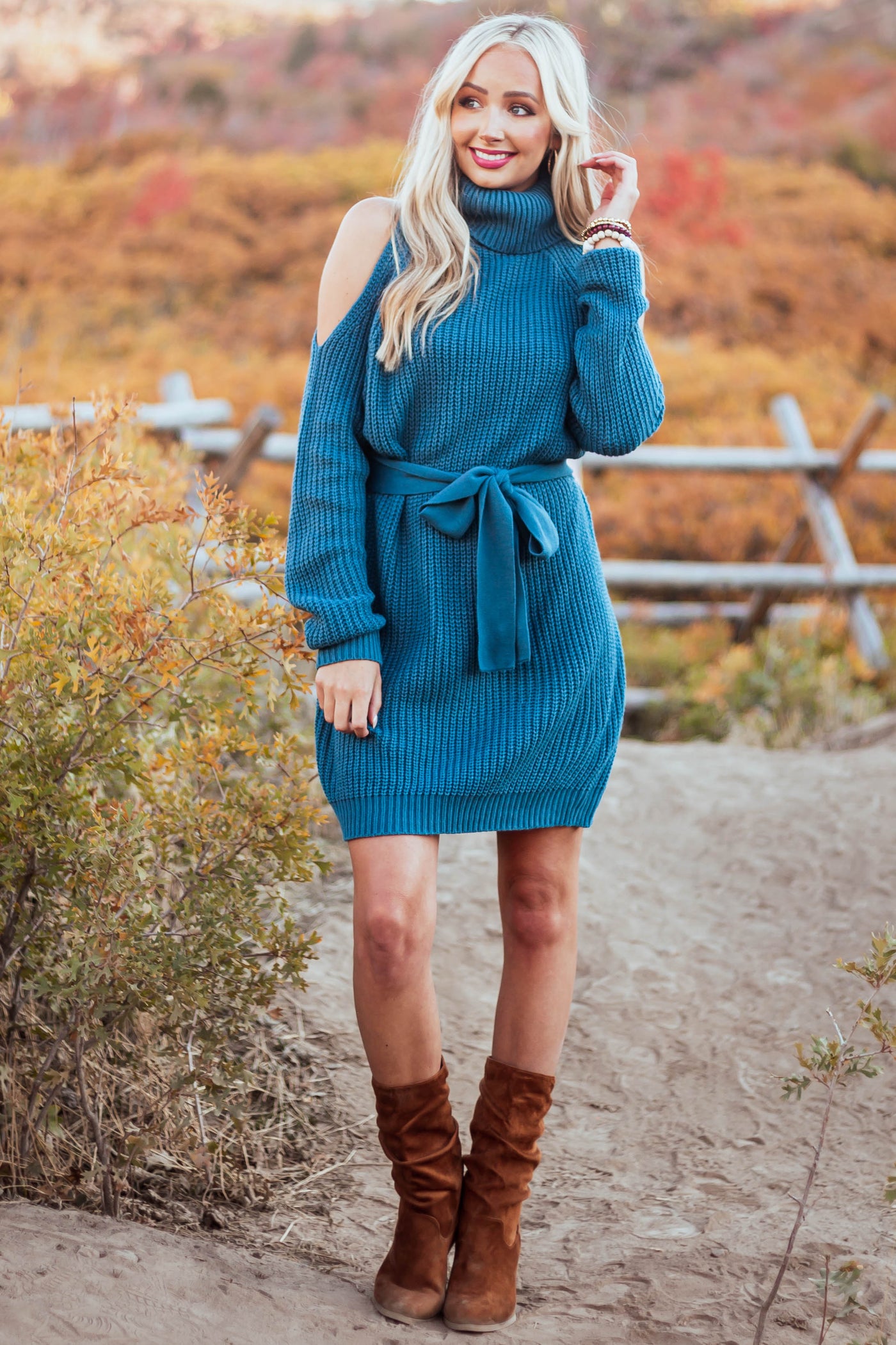 Teal Cold Shoulder Turtleneck Sweater Dress