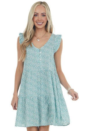 Teal Ditsy Floral Ruffle Cap Sleeve Dress